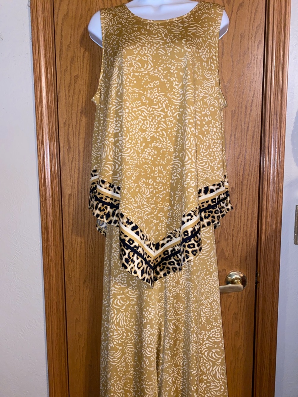 Cato Mustard Yellow Floral top and pants with Leopard Trim